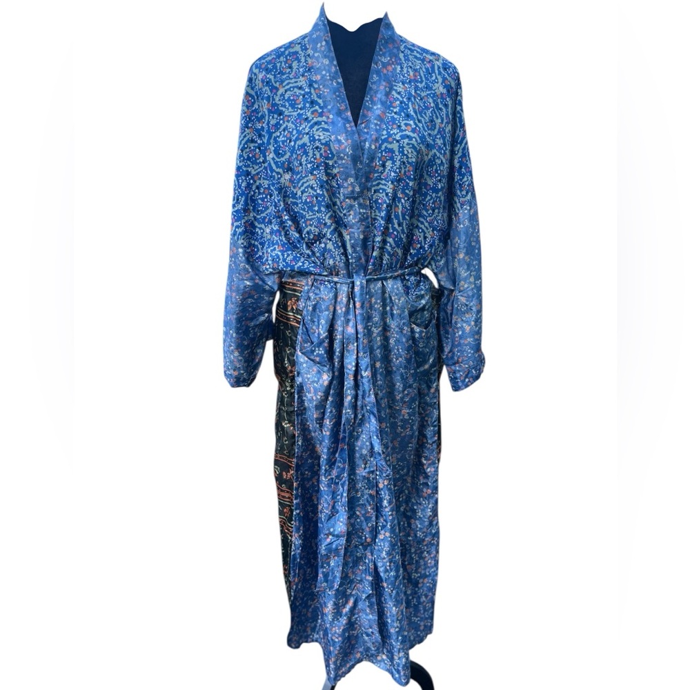 Blue Silk Patchwork Print Kimono - image 1